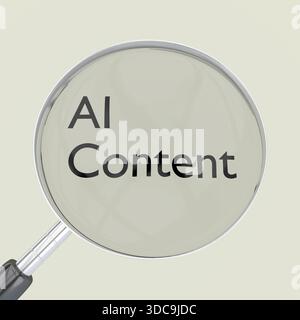 3D illustration of magnifying glass over the text AI Content. Stock Photo