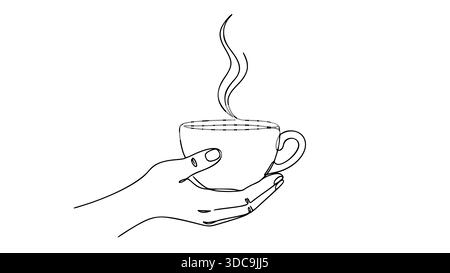 A clean, single line art vector illustration of a human hand holding a steaming hot cup of coffee or tea, perfect for cafe logos, minimalist posters. Stock Vector