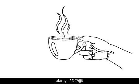 Single line drawing of a hand presenting a steaming cup of tea or coffee, ideal for minimalist logos, cafe menus, and contemporary graphic design . Stock Vector