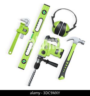 Assorted construction tools including drill, hammer, tape, wrench, and earmuffs isolated on white background with clipping path, concept of DIY Stock Photo