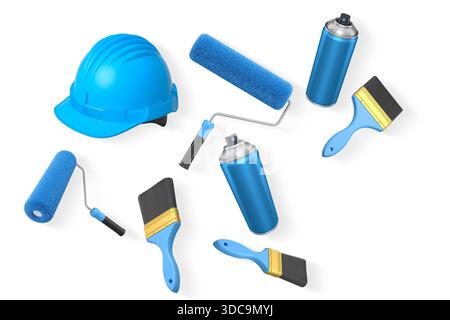 Various painting tools including rollers, brushes, spray cans and a hard hat, isolated on white background with clipping path, concept of painting wor Stock Photo