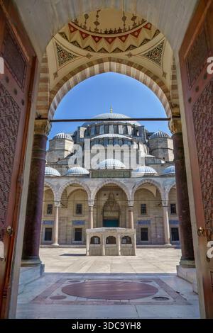 View over the Suleymaniye Mosque through its gate in Istanbul, Turkey Stock Photo