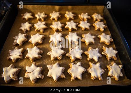 Batch of freshly baked christmas cookies on a baking sheet Stock Photo