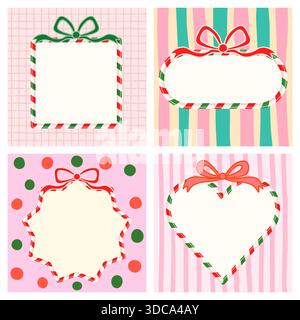 Vector set with Christmas candy cane borders in red and green with bows on various patterned backgrounds for holiday designs Stock Vector