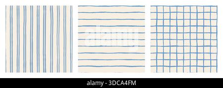 Vertical and Horizontal Stripes and Grid Seamless Vector Pattern Set, Blue Jagged Lines Background for Textile and Paper Designs Stock Vector