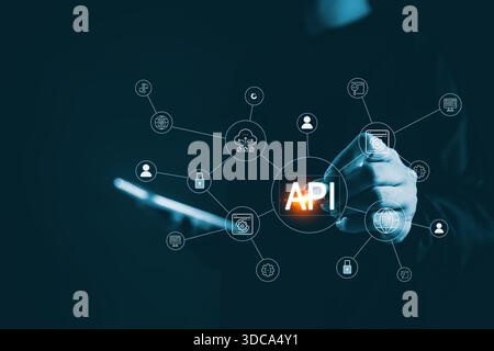 Business hand touching API connection interface digital network icons representing application programming interface system integration cloud services Stock Photo