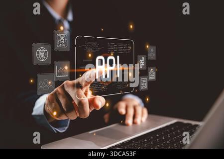 Professional interacting glowing API interface digital data icons representing application programming interface system integration backend services c Stock Photo