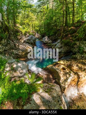 Crystal-clear river cascades gracefully over mossy rocks in a tranquil forest setting, evoking peace and natural beauty near Slovenias Sunik Waterfall Stock Photo
