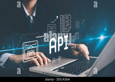 Professional working laptop API workflow interface representing application programming interface web development backend integration data exchange cl Stock Photo