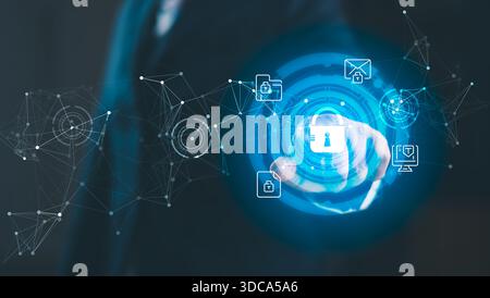 Businessman interacting digital cybersecurity interface secure network data protection encrypted communication information privacy representing advanc Stock Photo