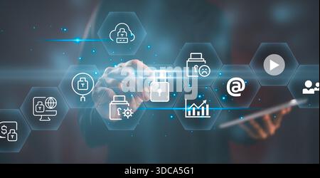 Businessman interacting digital security interface cloud protection data encryption secure access cybersecurity icons representing network safety Stock Photo