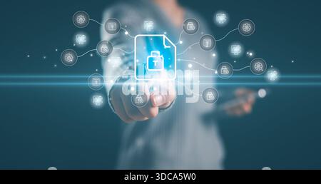 Businessman interacting digital file security interface data protection secure file management encrypted access cybersecurity network solutions for mo Stock Photo