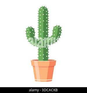 Green Cactus in Terracotta Pot Flat Illustration Stock Vector