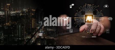 A man touches artificial intelligence chip with cpu circuit on smart city background with icons of uses of AI. Generative Ai, intelligent processor, d Stock Photo