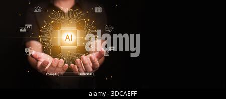 Glowing artificial intelligence chip on human hands with icons of the uses of AI technology. Automation, machine learning, smart assistance, prompt en Stock Photo