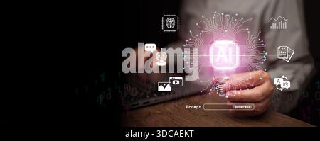 Artificial intelligence chip glowing in lightbulb in human hand with icons of the uses of AI. Chatbot, solution, data analytics, automation, Ai intera Stock Photo