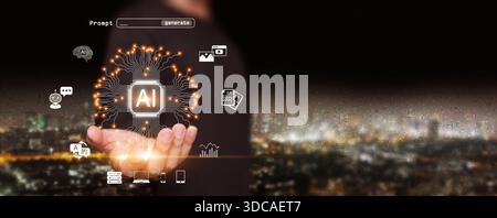 Artificial intelligence chip glowing in human hand with digital data, chatbot, cloud, icons of the use of AI over city background. Ai services, automa Stock Photo