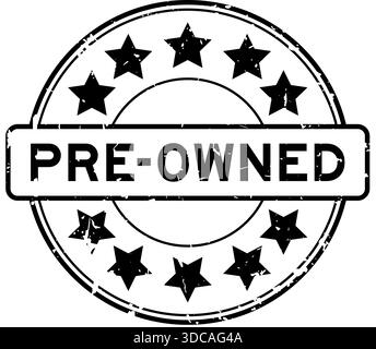 Grunge black pre-owned word with star icon round rubber seal stamp on white background Stock Vector