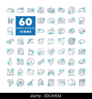 A set of 60 modern vector icons for bakery, cooking, and kitchen. Includes outline symbols for bread, pastry, tools, and ingredients. Perfect for bran Stock Vector