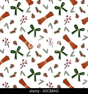 Festive repeating background featuring cinnamon bundles tied with string, holly leaves with red berries, pine cones, spruce branches, and green bows Stock Vector