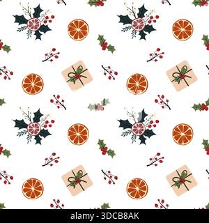Christmas holly seamless pattern. Festive holiday background with berries, branches and bows Stock Vector