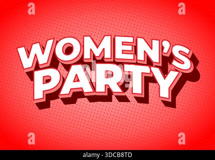 A vibrant graphic design featuring the text Womens Party in bold, playful typography. The background is a bright red with a dotted pattern, creating a Stock Vector