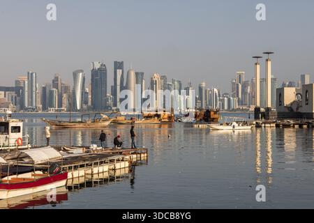 Doha skyline harbour view of Corniche with skyscraper towers and promenade Stock Photo