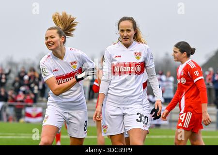 v.li.: Maxi Rall (Stuttgart, 8) Joy Castor (Stuttgart, 30) mit Torjuibel, Jubel, Torjubel [goal celebration], Torerfolg, celebrate the goal, goal, celebration, Jubel ueber das Tor [goal] zum 1:2 durch Rosa Rückert (Stuttgart, 11) (nicht im Bild, not pictured), optimistisch, Action, Aktion, 21.12.2025, München (Deutschland), Fussball, 2. Frauen-Bundesliga [Bundesliga], FC FC Bayern Munich II - Stuttgart, DFB/DFL REGULATIONS PROHIBIT ANY USE OF PHOTOGRAPHS AS IMAGE SEQUENCES AND/OR QUASI-VIDEO. Stock Photo