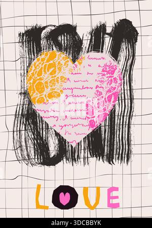 Pink vector distressed heart with lace texture and hand written illegible text on dark paint brush stroke and plaid background with text Love Stock Vector