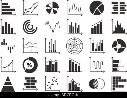 Stencil graph and chart icons. Data analysis diagram, business report charts and infographic elements, statistic information graph outline vector set Stock Vector