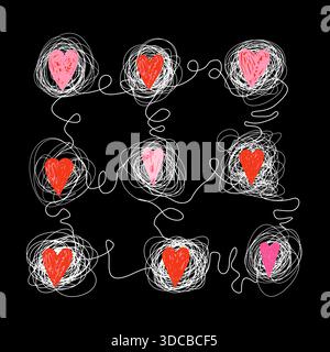 Valentine's Day vector greeting card or poster with modern red and pink doodle cards and white tangled lines Stock Vector