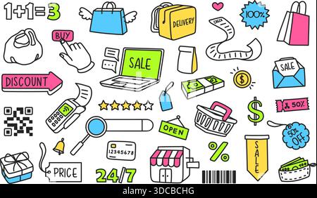 Shopping doodle icons. Ecommerce, online retail symbols. Bag, barcode and payment terminal for marketing and sale. Vector set for website banner Stock Vector