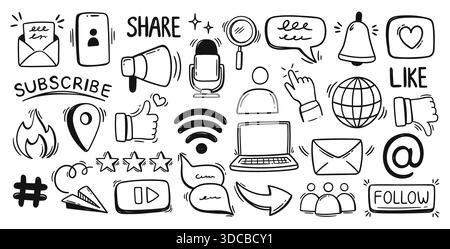 Social media doodle icons. Like, share and bell, thumb up for follower engagement, notification and community or marketing campaign. Hand drawn vector Stock Vector