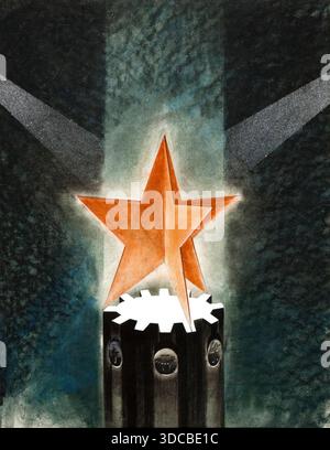 Unity of Strength - Cog-wheel with tri-star and rays of light - World War II propaganda illustration. Unknown artist Stock Photo