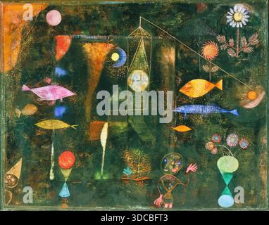 Paul Klee Fish Magic 1925 oil and watercolor on paper depicting whimsical marine forms with abstract composition and dreamlike, mystical quality. Stock Vector
