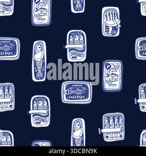 Sardina seamless vector pattern with vintage sardine cans hand drawn nautical illustration Stock Vector