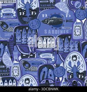 Sardina seamless vector pattern with vintage seafood cans fish oil lemons retro illustration Stock Vector