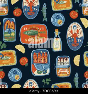 Sardina seamless vector pattern with vintage seafood cans fish oil lemons retro illustration Stock Vector