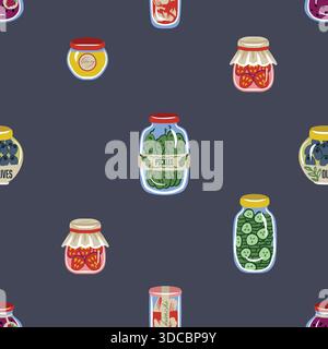 Cute food jar seamless vector pattern with pickles olives honey jam preserves Stock Vector
