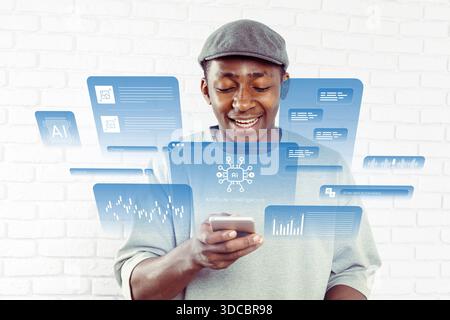 Man interacts with mobile device displaying information on artificial intelligence Stock Photo