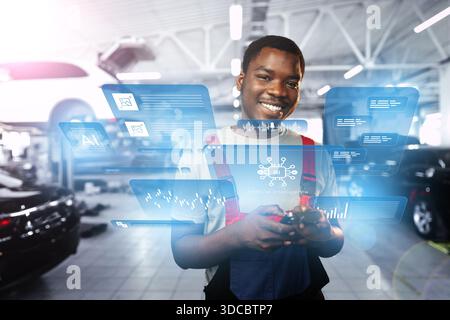 Man interacts with mobile device displaying information on artificial intelligence Stock Photo