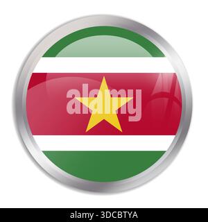Suriname flag - glossy circle button in metal frame displays a colorful flag of a country cultural identity and heritage. The essence of national pride and unity. Stock Vector