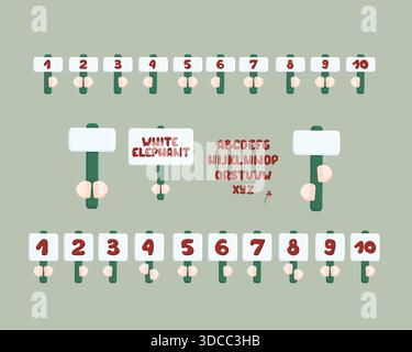 A cute set of hand-drawn vector numbers from 1 to 10. Cartoon elephant hands holding number signs for a White Elephant Christmas game. Isolated Stock Vector