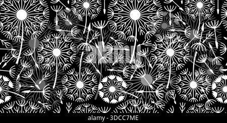 Seamless pattern of white dandelions on a black background. A set of colored flowers. Hand drawn. Not AI vector illustration Stock Vector