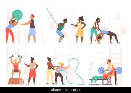 Diverse personal trainers guide athletes through strength, cardio, and flexibility exercises in a modern gym, focusing on teamwork, motivation, and professional instruction vector illustration Stock Vector