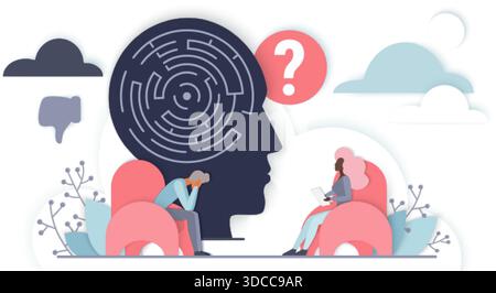 Depressed person in therapy session with psychologist, head maze symbolizing mental health challenges, question mark, clouds, and emotional support, modern counseling vector illustration Stock Vector