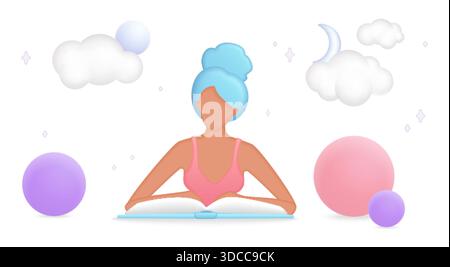 Young woman reading a book surrounded by soft clouds, moon, and colorful spheres, perfect for education, imagination, and learning concepts isolated on white background vector illustration Stock Vector