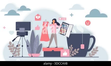 Female influencer creating fashion content with camera, makeup palette, dress, and social media icons under stylized clouds for online vlogging and lifestyle blogs vector illustration Stock Vector