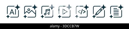 Set of AI tools icons for generating images, video, code, music, text. Icons for generative ai tools. Stock Vector