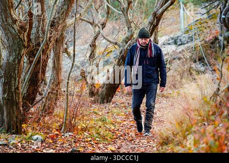 Active aging concept showing a man over seventy walking alone along an autumn forest path, representing independence, mobility, healthy lifestyle, dai Stock Photo